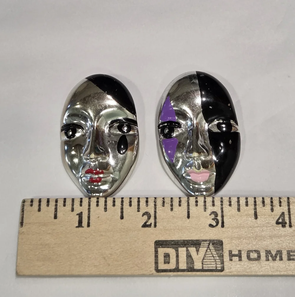 80s Vintage Pair Of Acrylic Plastic Silver Painted Harlequin Mask Brooches